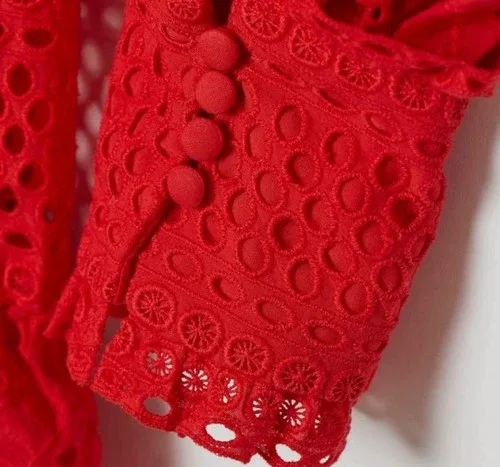 H&M Eyelet Dress Mock Neck Long Sleeve Red Medium image indicator(4)