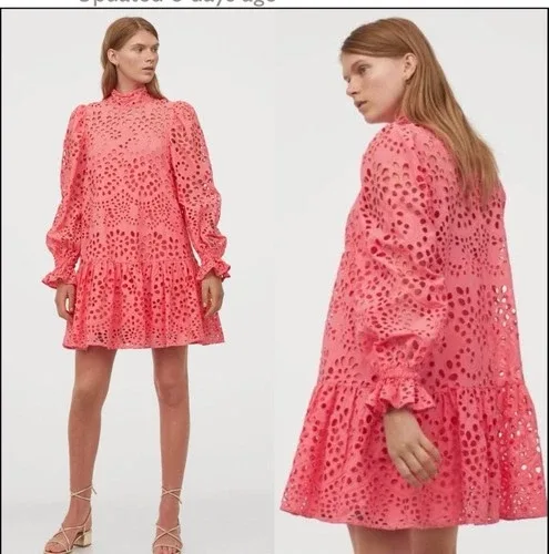 H&M Eyelet Dress Mock Neck Long Sleeve Red Medium image indicator(5)