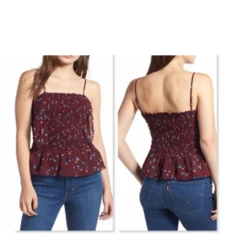 WAYF Devon Smocked Camisole Top Ruffle Burgendy Size XS image indicator(3)