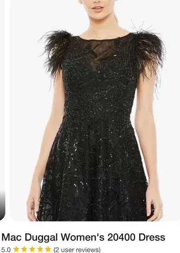 Mac Duggal Black Feather Shoulder Beaded Tulle A-Line Midi Dress image indicator(3)