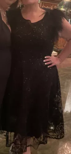 Mac Duggal Black Feather Shoulder Beaded Tulle A-Line Midi Dress image indicator(4)