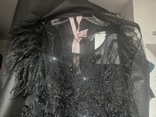 Mac Duggal Black Feather Shoulder Beaded Tulle A-Line Midi Dress image indicator(6)