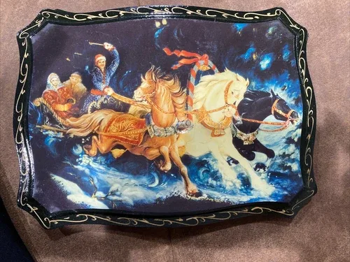 Ukrainian folk art handmade paining on wood 5x7” black lacquered