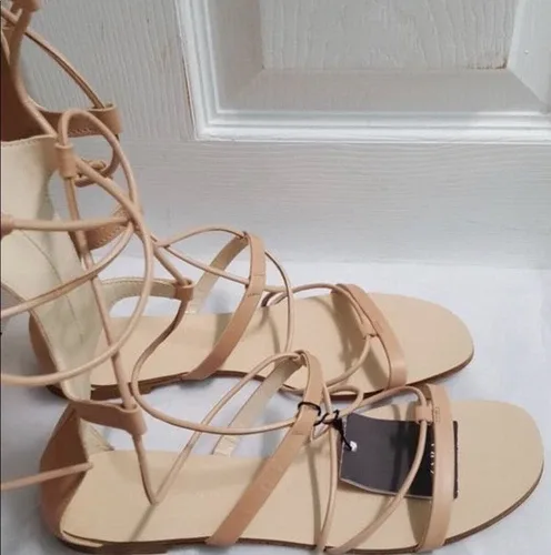 Zara Gladiator Leather Tie Around Sandals Nude Color 39/8 image indicator(2)