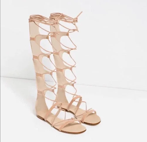 Zara Gladiator Leather Tie Around Sandals Nude Color 39/8 image indicator(4)