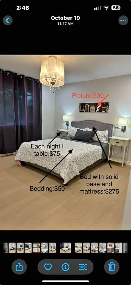 Queen Bed with solid base with barely used mattress for sale