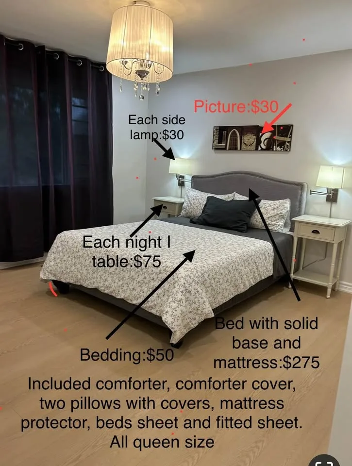 Queen Bed with solid base with barely used mattress for sale image indicator(2)