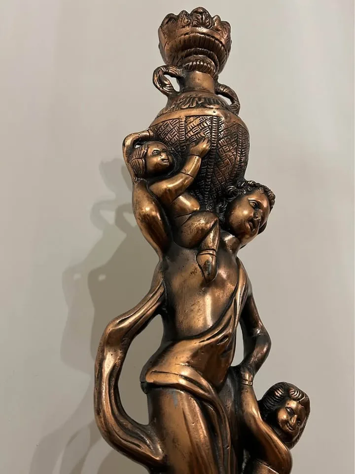 Large Vintage Bronze-Tone Floor Sculpture Mother & Cherubs Decor image indicator(9)