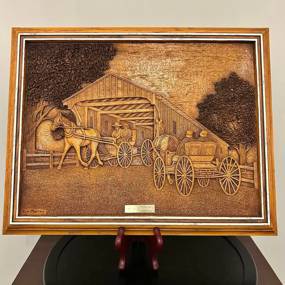 Kim Murray “At The Crossing” Bas-Relief Wood Carving
