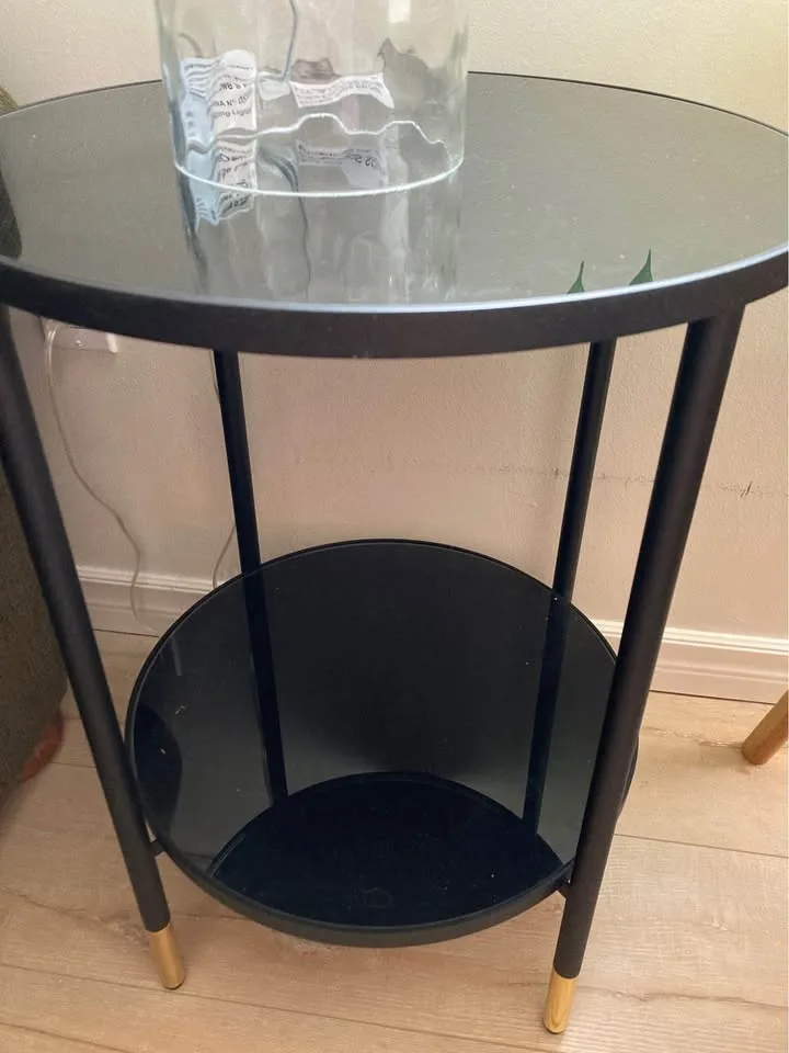 Set of 2 black glass top round side tables end tables image indicator(2)