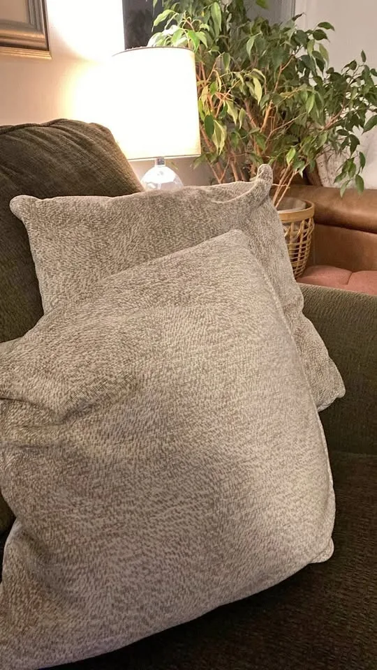 Two beige feather pillows