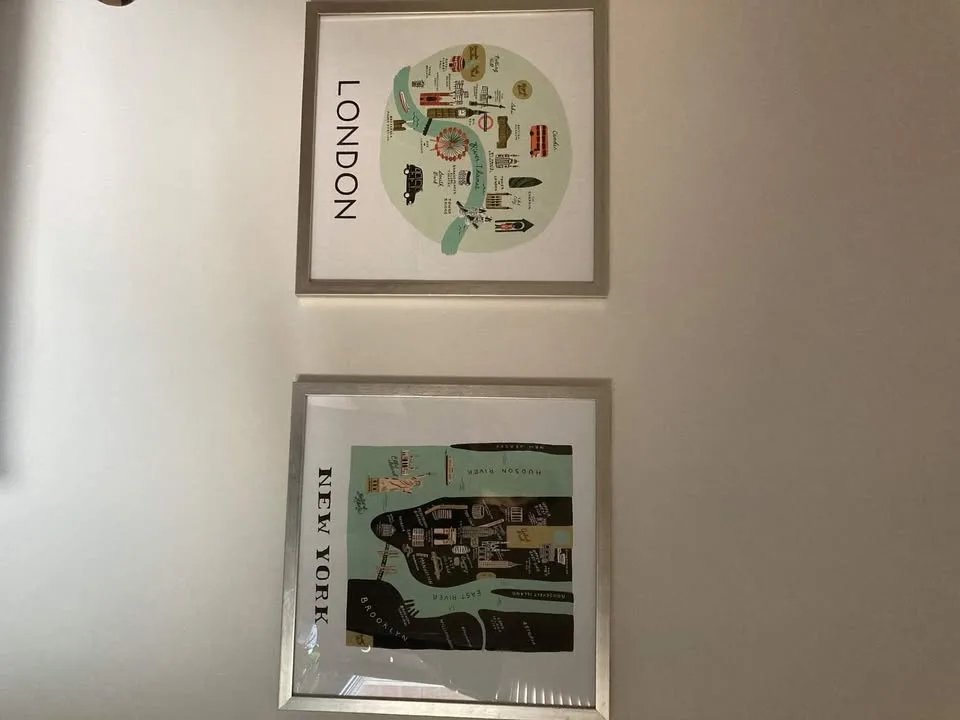 Set of two city art prints graphic art London and New York in gl