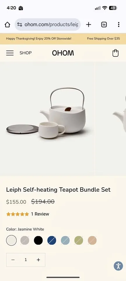 Ohom leiph ceramic self heating teapot with two cups