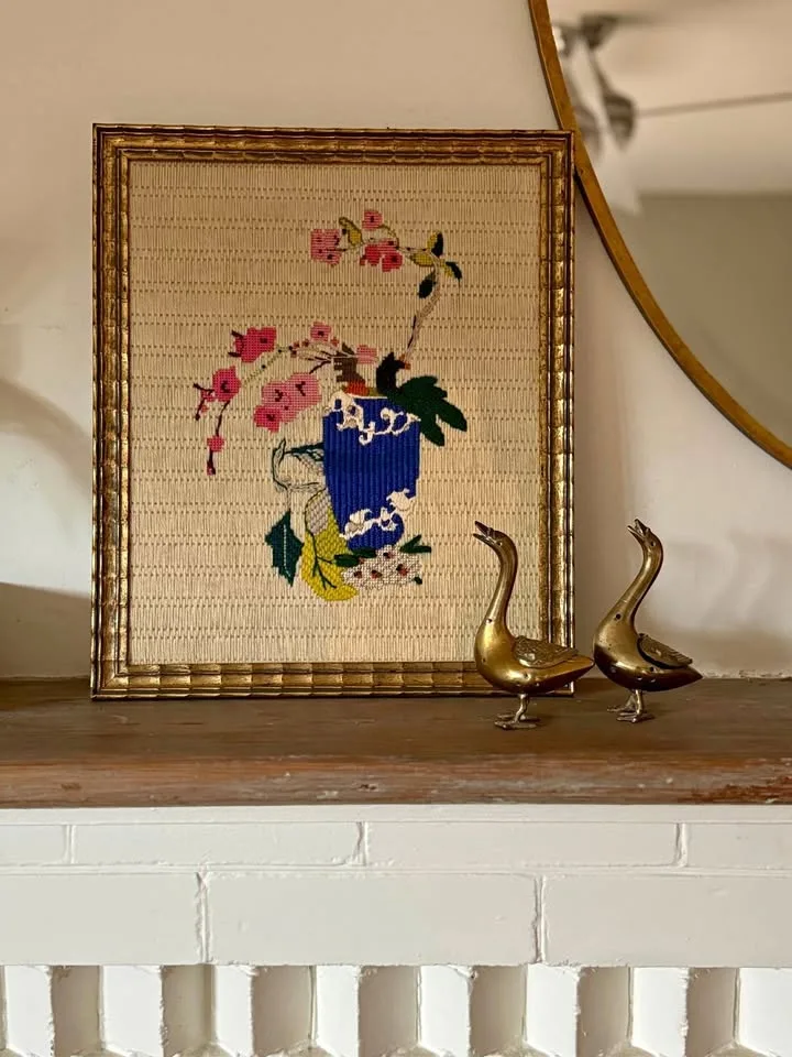 Vintage Floral Needlepoint Art in Gold Frame 13.5" x 16"