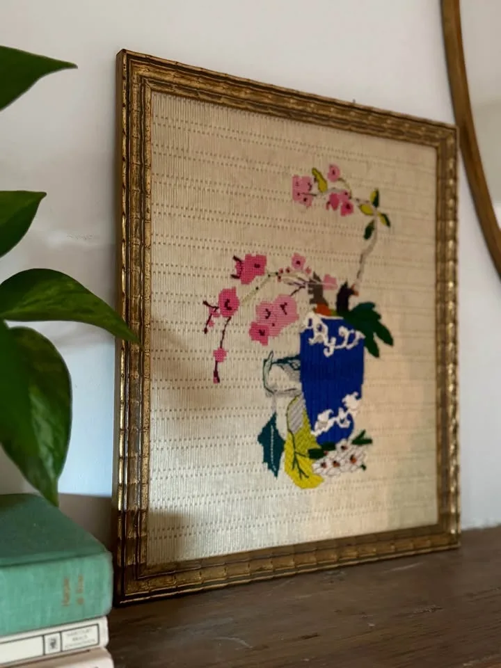 Vintage Floral Needlepoint Art in Gold Frame 13.5" x 16" image indicator(5)