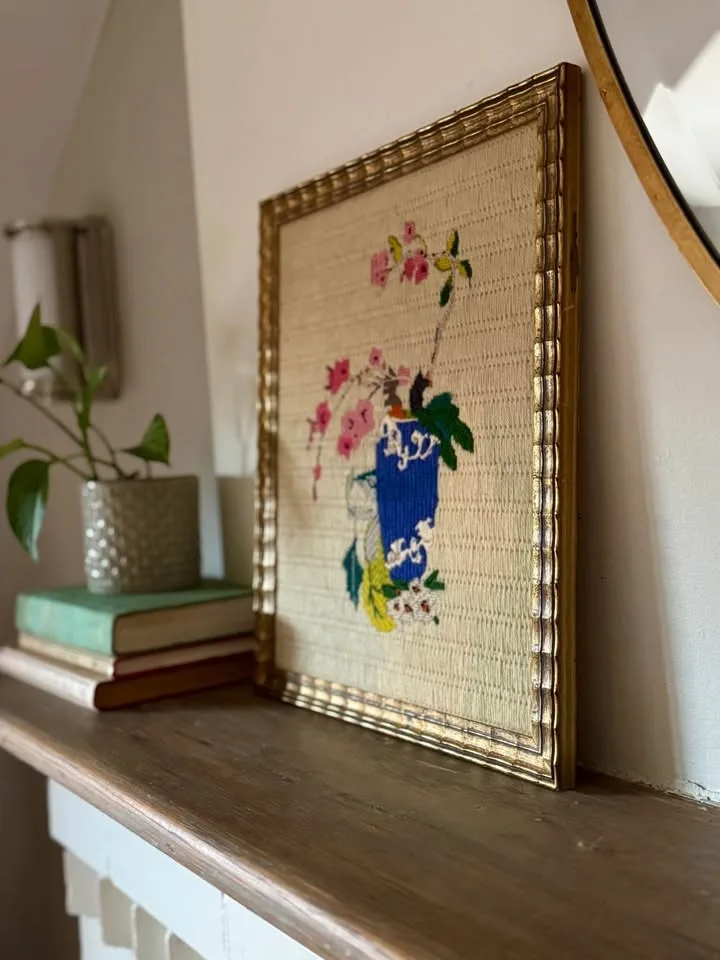 Vintage Floral Needlepoint Art in Gold Frame 13.5" x 16" image indicator(6)