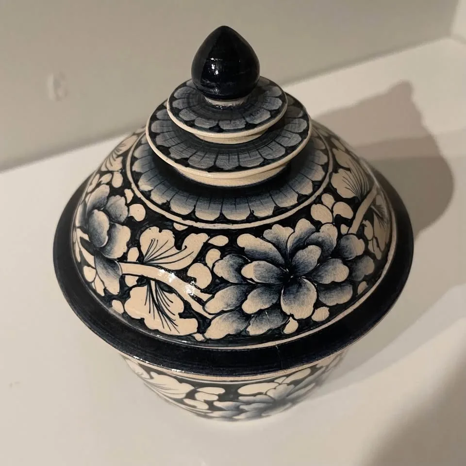 Vintage Thai Blue and White Floral Ceramic Jar - 5.5” image indicator(2)