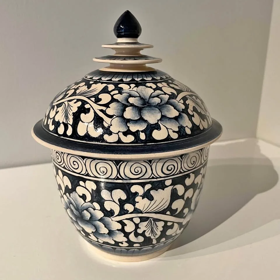 Hudson’s Bay Thai Blue and White Floral Ceramic Jar 7.5”