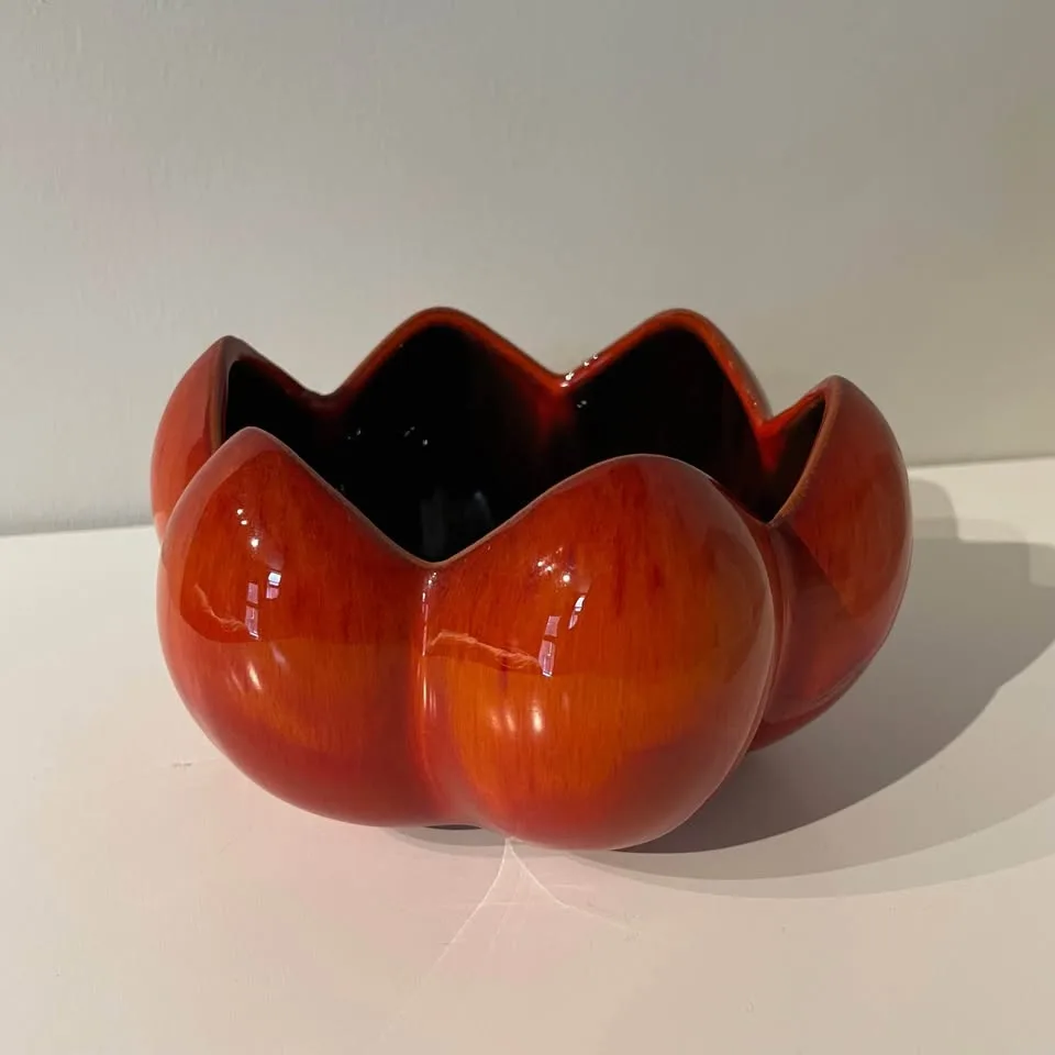 Vintage Red Orange Ceramic Scalloped Lotus Style Planter - BMP image indicator(2)