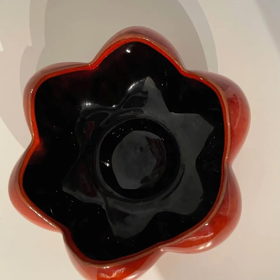 Vintage Red Orange Ceramic Scalloped Lotus Style Planter - BMP image indicator(3)