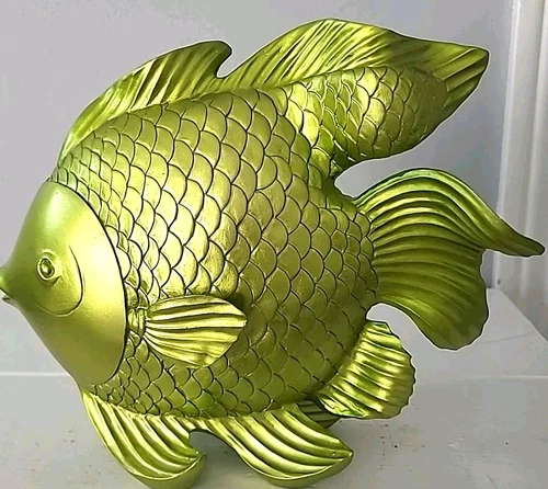 Large Goldfish Sculpture Decor 10x8in Resin Metallic Green Fish - photo 3