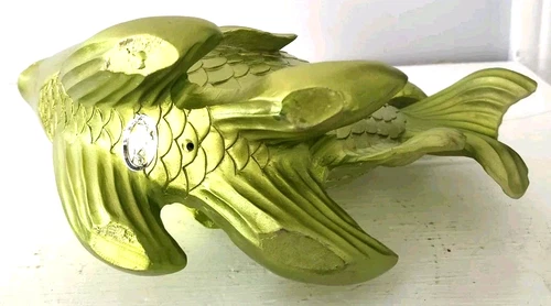 Large Goldfish Sculpture Decor 10x8in Resin Metallic Green Fish - photo 5