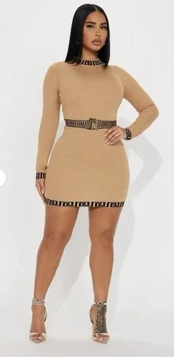 Jolie&joy Dress Tan Long Sleeve Black Accents Size M