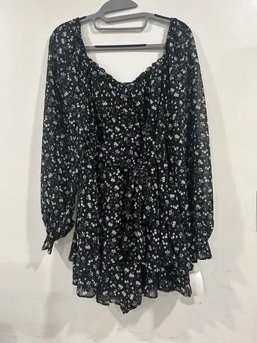 French Kiss Black Floral Long Sleeve Romper Size Large image indicator(2)