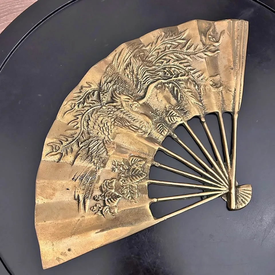Vintage Brass Phoenix Fan Wall Hanging – Ornate Asian Decor