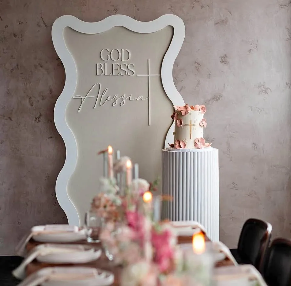 Wooden ripple table and backdrop for rent