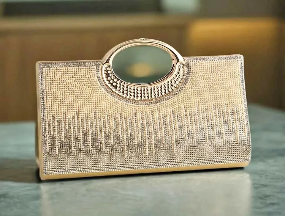 Brand new elegant golden rhinestone large women party bag