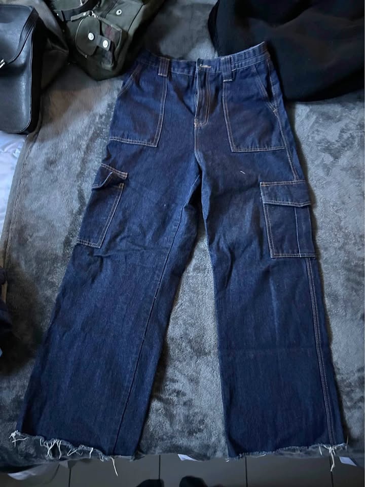 Wide Leg Navy Blue Denim Cargos