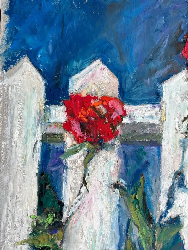 Roses by the Fence original oil pastel painting image indicator(2)
