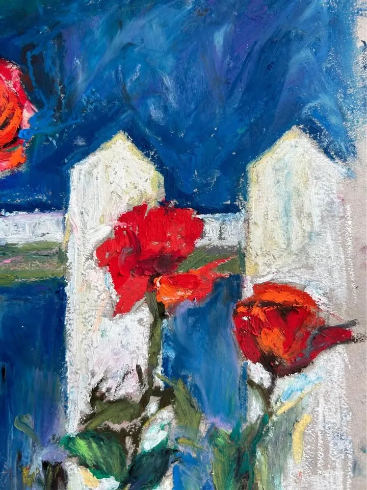 Roses by the Fence original oil pastel painting image indicator(3)