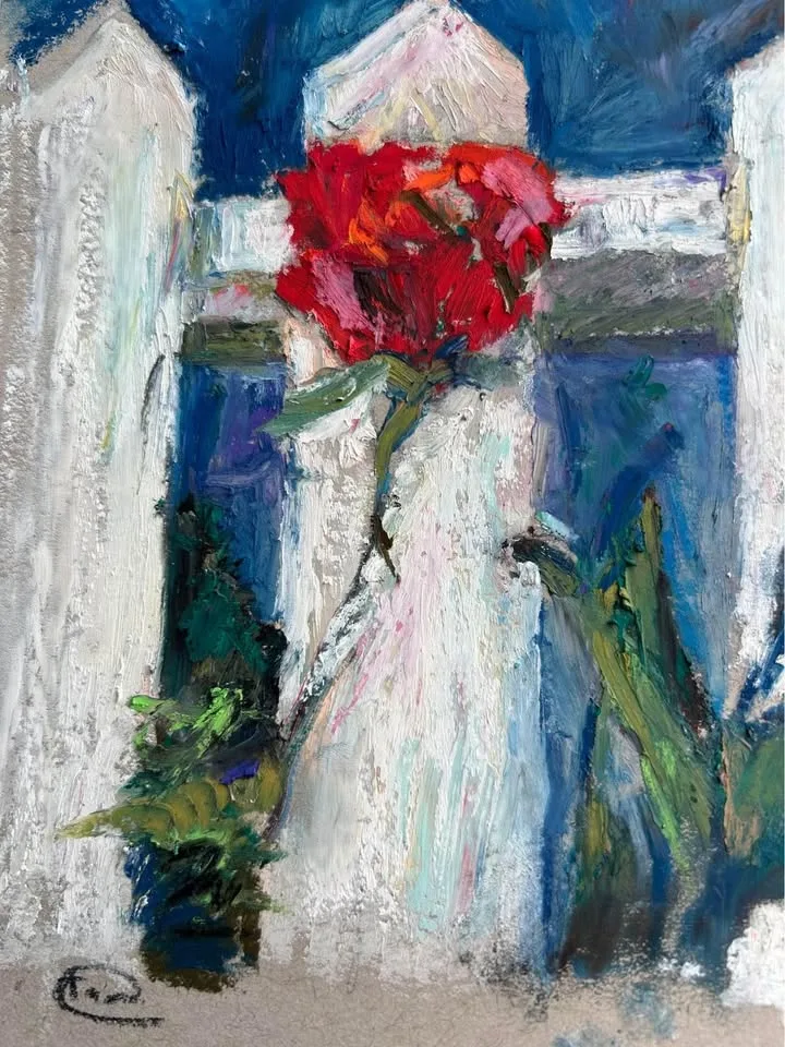 Roses by the Fence original oil pastel painting image indicator(5)