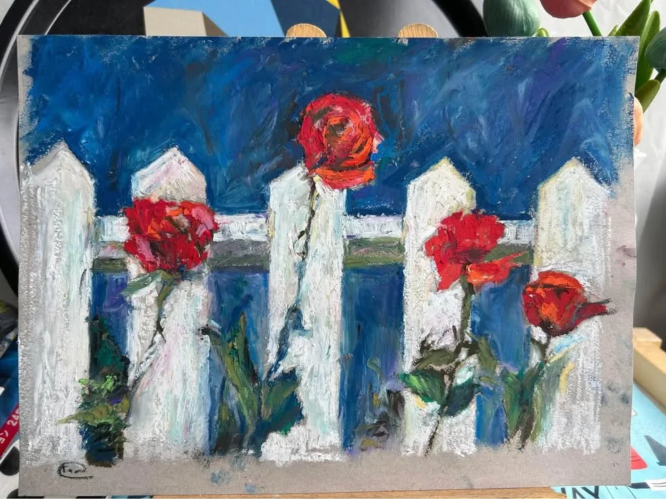 Roses by the Fence original oil pastel painting image indicator(6)
