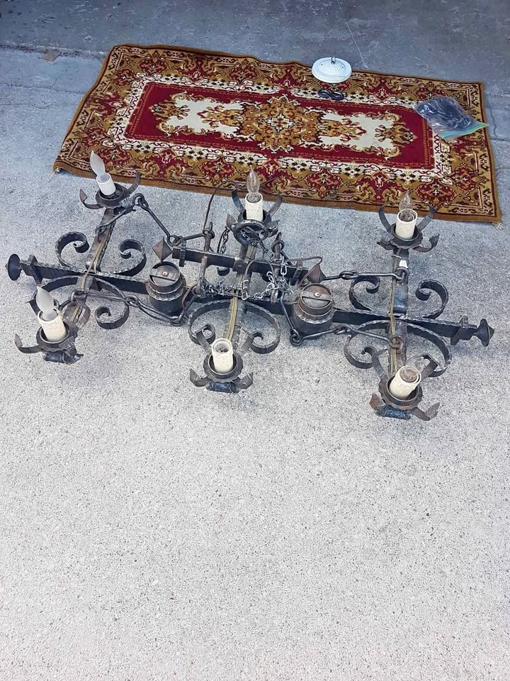 Vintage heavy wrought iron hanging light fixture