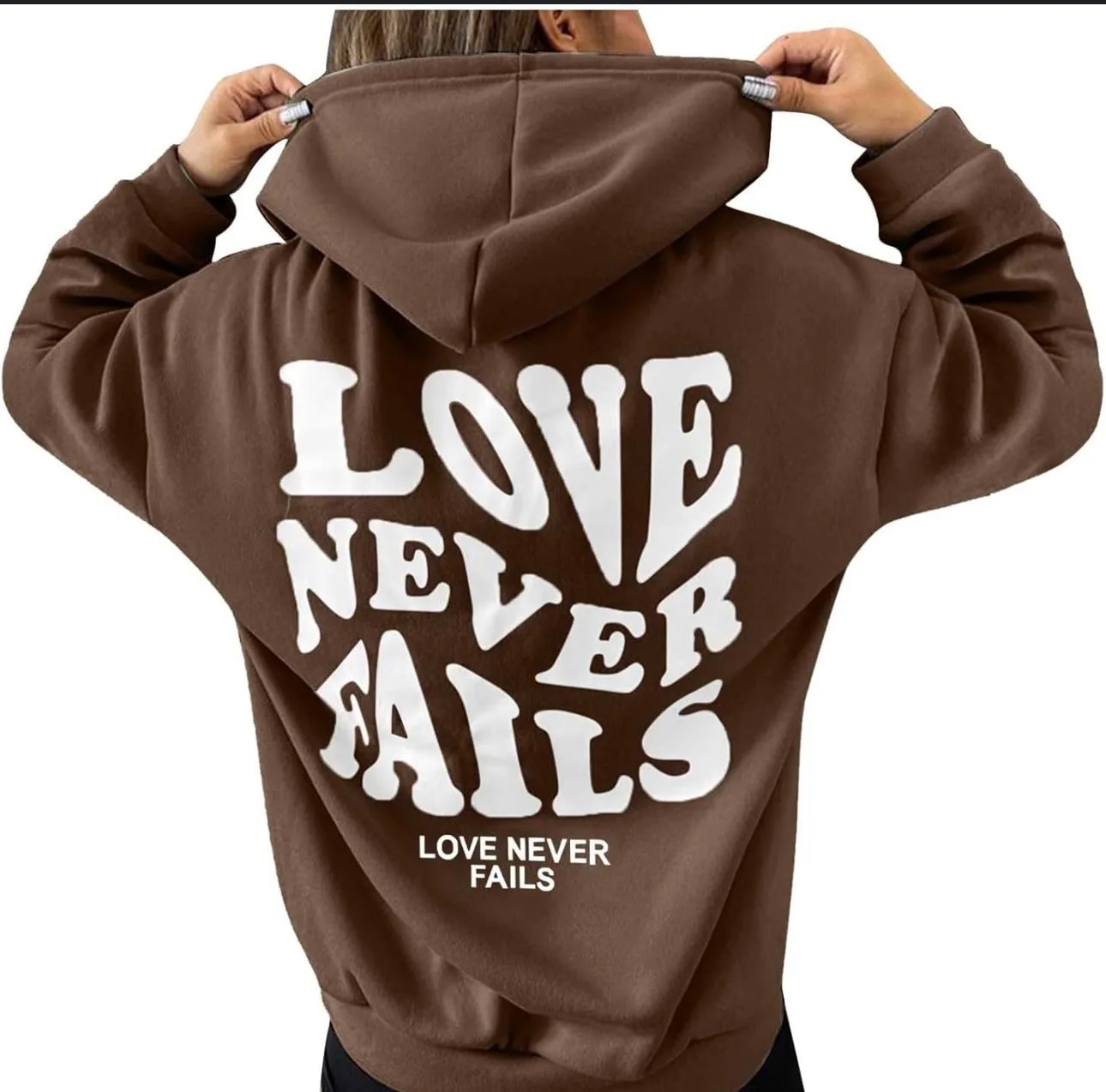 Shein “Love Never Fails” Graphic Drawstring Hoodie XS image indicator(4)