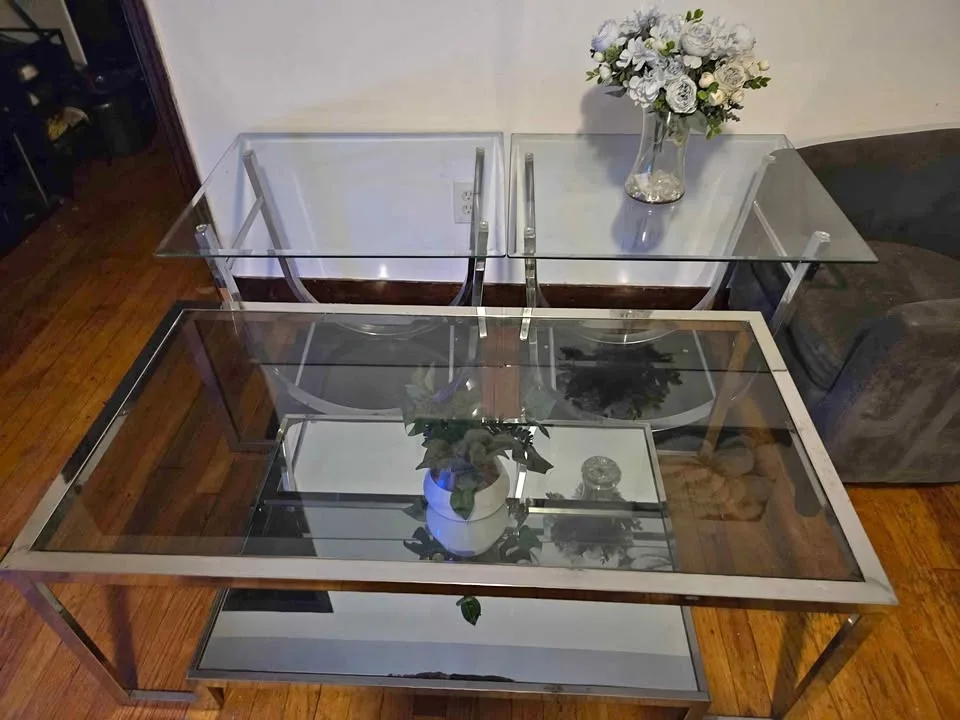 [3-Piece] Coffee & End Table Set (Glass, Metal, Mirror)