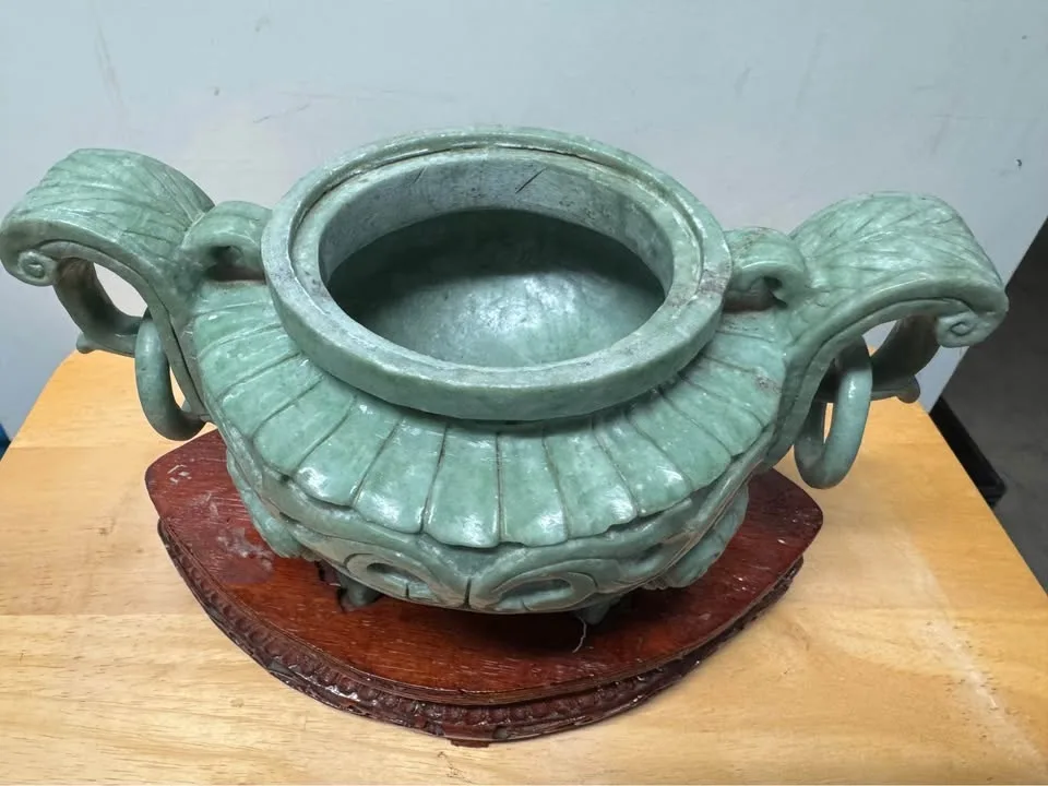 Carved Jade-Style Chinese Censer on Wood Stand image indicator(2)