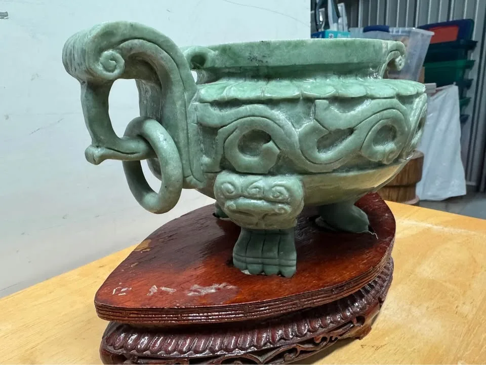 Carved Jade-Style Chinese Censer on Wood Stand image indicator(3)