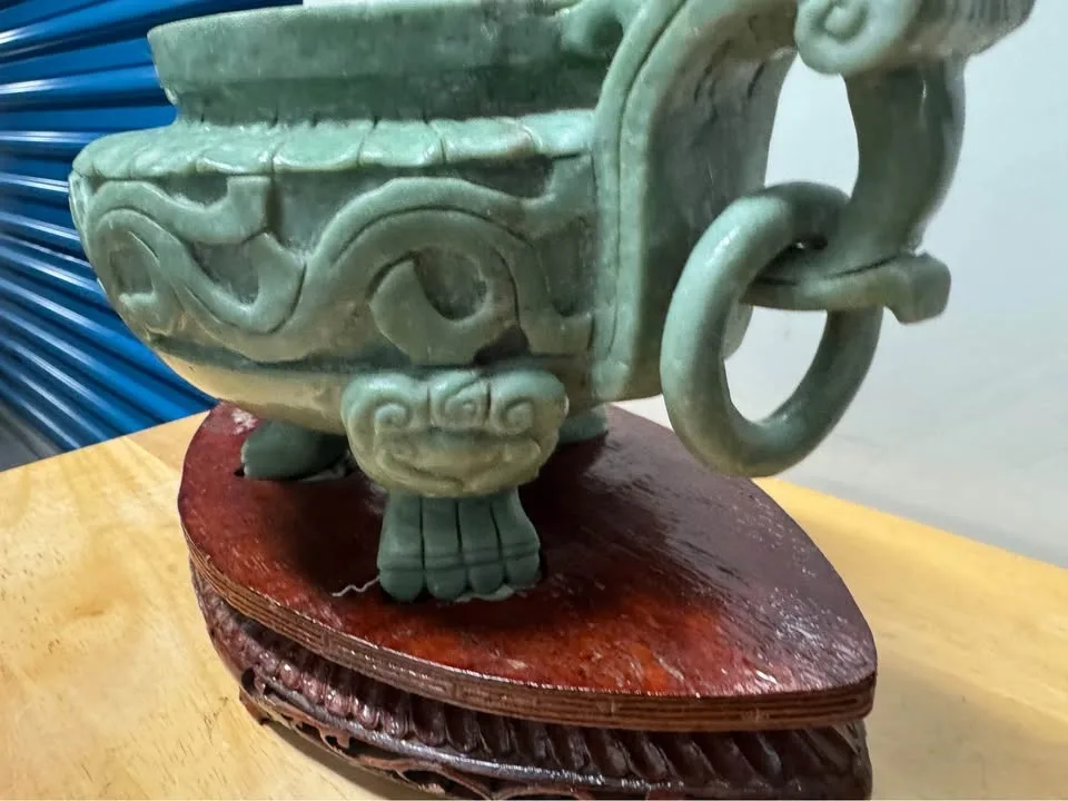 Carved Jade-Style Chinese Censer on Wood Stand image indicator(4)