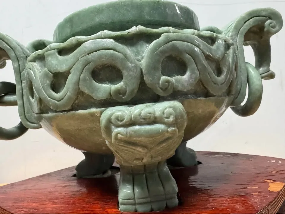 Carved Jade-Style Chinese Censer on Wood Stand image indicator(6)