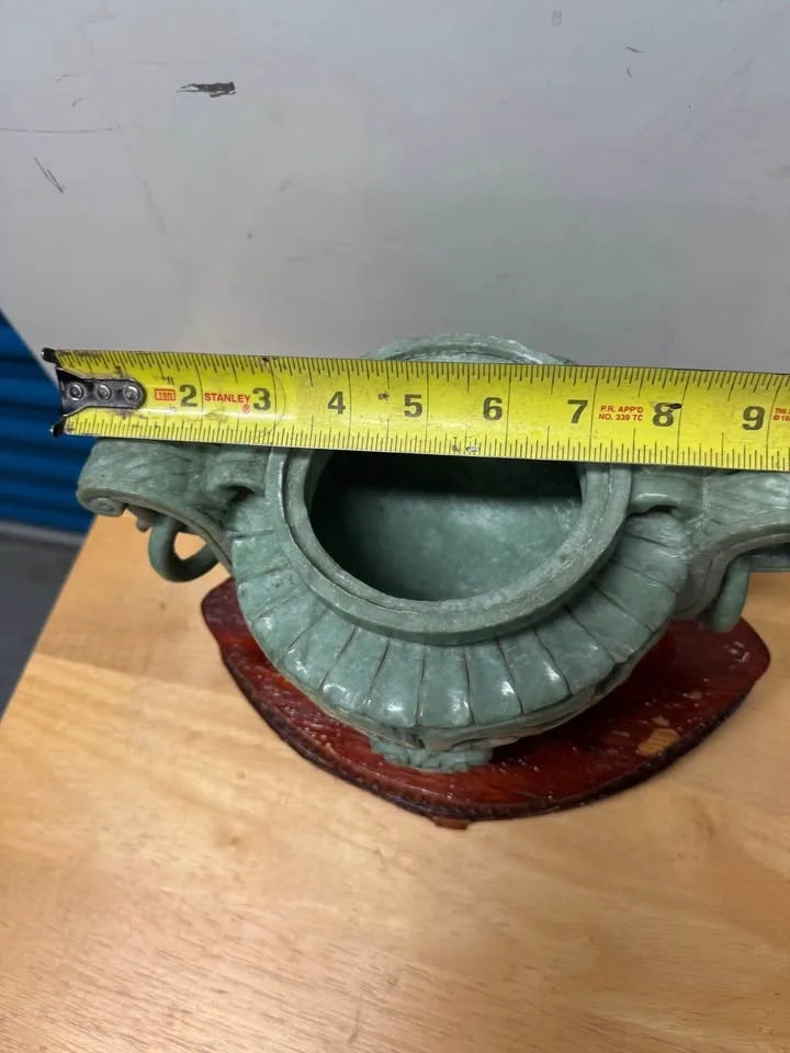 Carved Jade-Style Chinese Censer on Wood Stand image indicator(7)