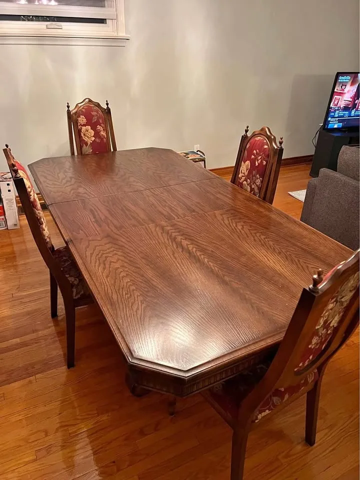 Vintage dining room table, display hutch and chairs