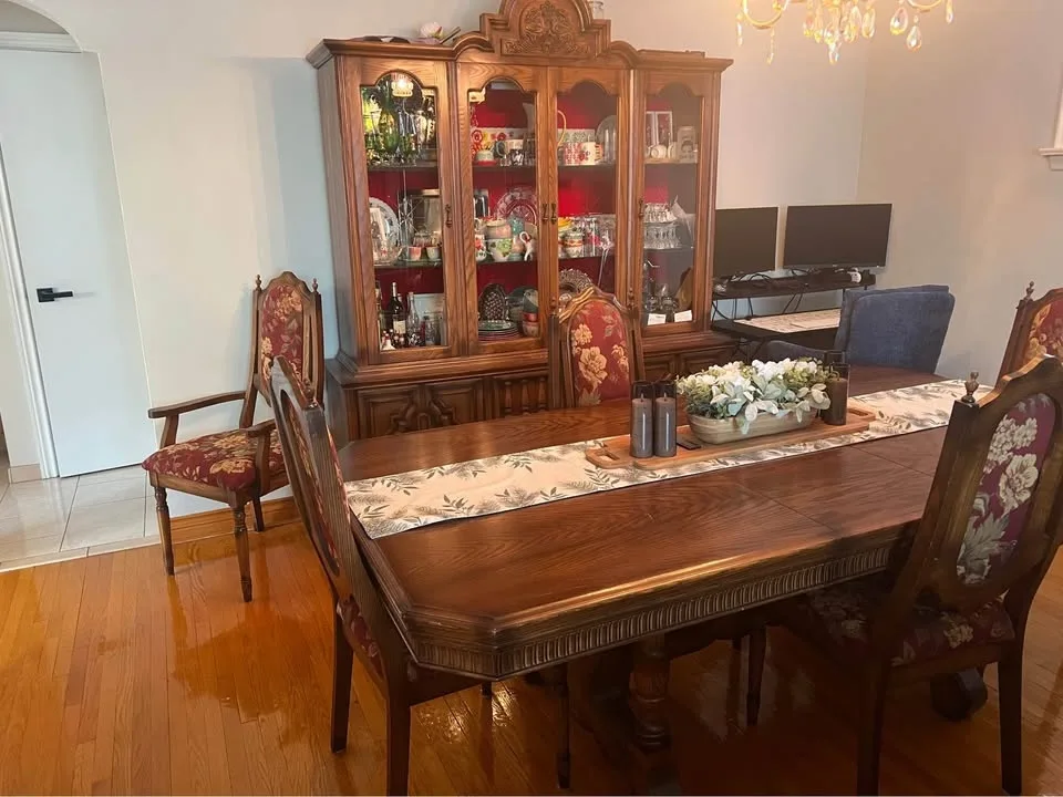 Vintage dining room table, display hutch and chairs image indicator(9)