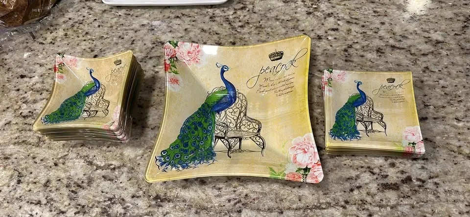 Set of 16 Peacock Decorative Plates and bowls plus 1 large bowl