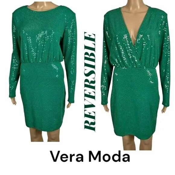 VERA MODA Green Sparkle Reversible Dress