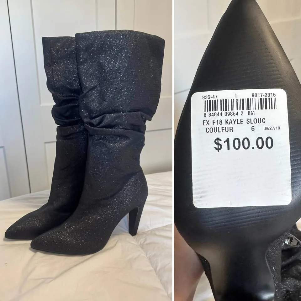 Brand New Kylie Boots, Black shimmer Size 6 New with tags