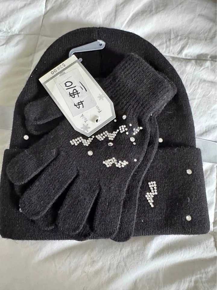 Ladies Black Rhinestone Hat & Gloves Set